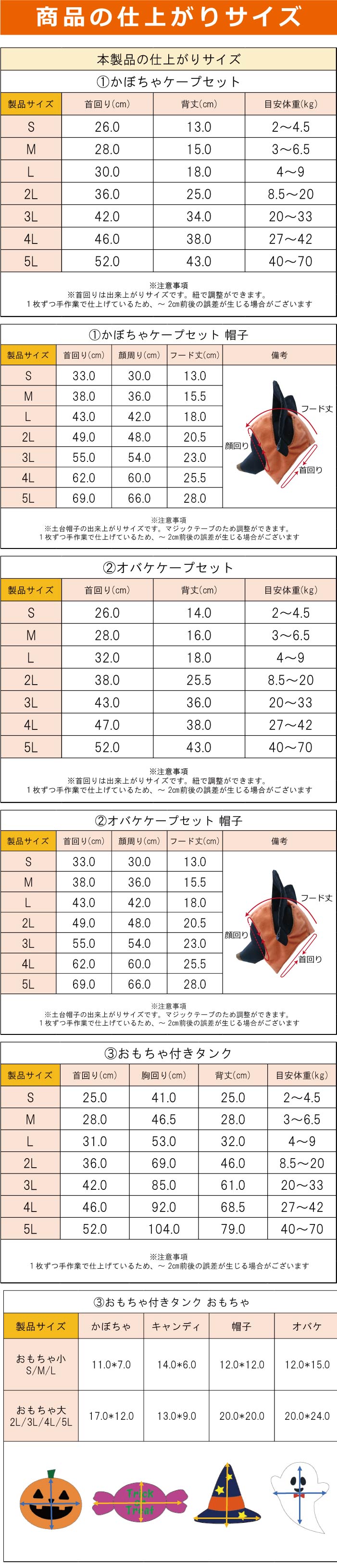 2024ハロウィンコスチューム 製品サイズ表